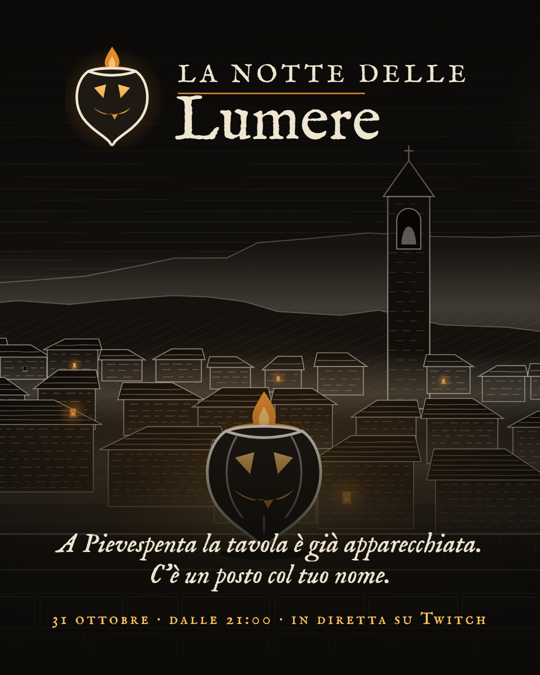 Locandina verticale con il titolo, la scena notturna del borgo e la data del 31 ottobre dalle 21:00 in diretta su Twitch.